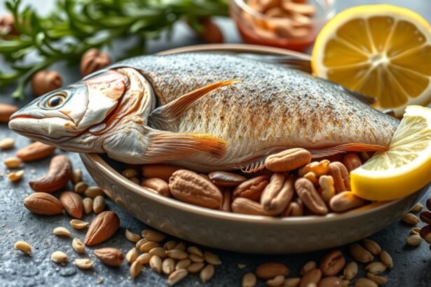 Friss hal, diófélék és citrom egy tányéron az omega-3 zsírsavakhoz.
