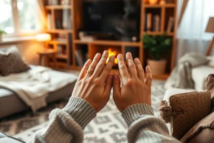 Két kéz melegítése egy kézmelegítő párnával otthoni környezetben