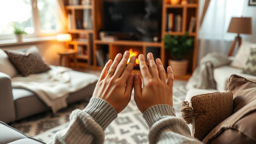 Két kéz melegítése egy kézmelegítő párnával otthoni környezetben