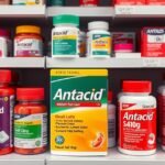 Savlekötők különböző márkái gyomorégés ellen a gyógyszertár polcán.