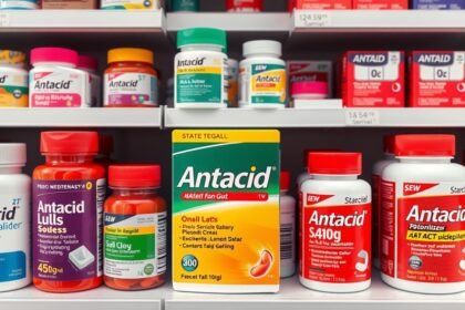 Savlekötők különböző márkái gyomorégés ellen a gyógyszertár polcán.