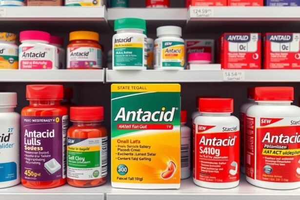 Savlekötők különböző márkái gyomorégés ellen a gyógyszertár polcán.