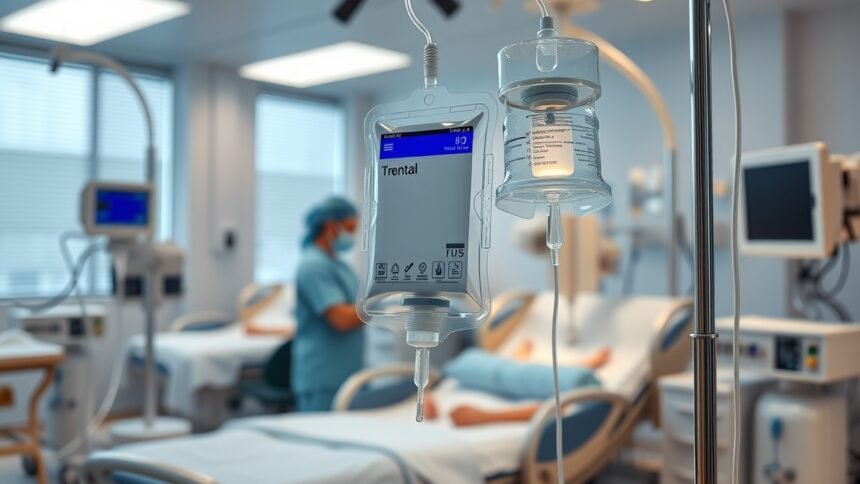 Trental infúzió a kórházban, egészségügyi kezelés során.