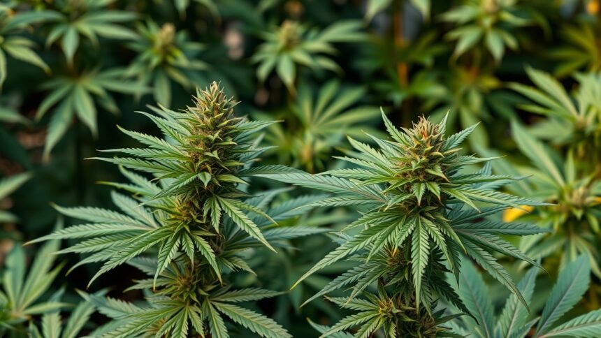 Cannabis növények közeli képe, Indica és Sativa fajták jellemzői