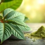Kratom növény levelei és poros formája, egészségi hatásokkal.