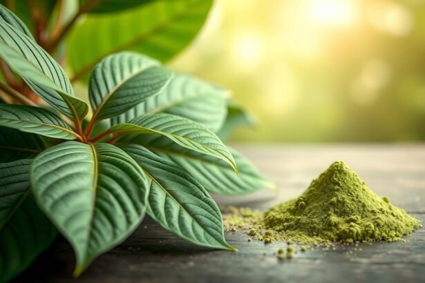 Kratom növény levelei és poros formája, egészségi hatásokkal.