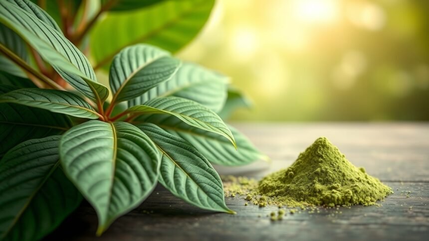 Kratom növény levelei és poros formája, egészségi hatásokkal.