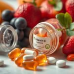 C-vitamin kapszulák és friss gyümölcsök egy asztalon.