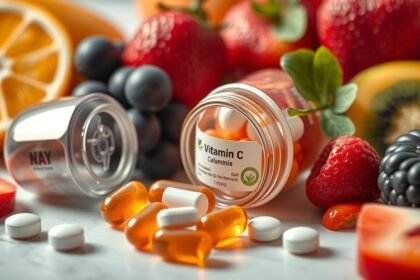 C-vitamin kapszulák és friss gyümölcsök egy asztalon.