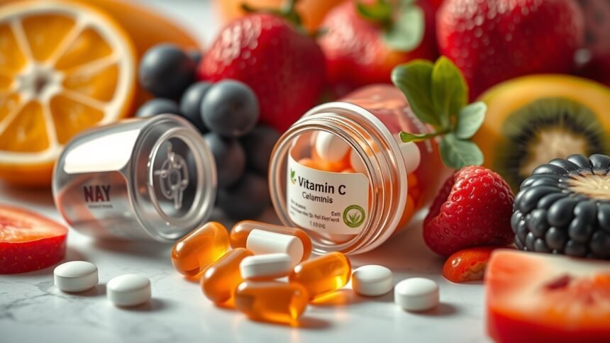 C-vitamin kapszulák és friss gyümölcsök egy asztalon.