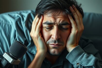 Férfi krónikus stressz jeleivel, fejfogással és mikrofonnal.