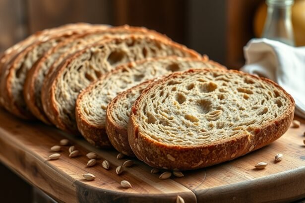 Tönkölykenyér szeletek egy fakagylón, kenyérzés és tápláló értékek.