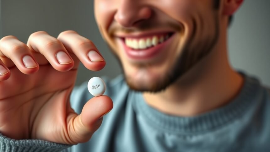 Férfi mutatja a dapoxetint, a korai magömlés kezelésére