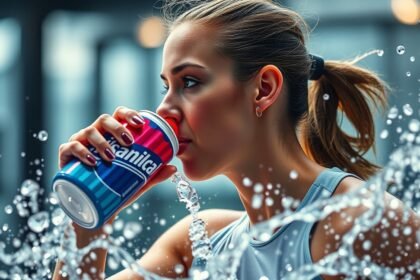 Egy nő izotóniás italt fogyaszt edzés közben, vízpermettel körülvéve