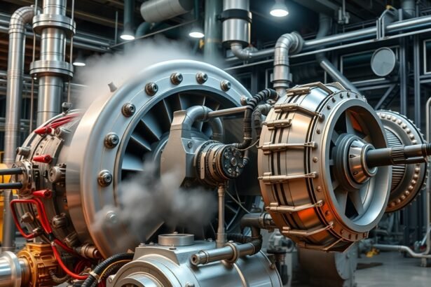 Gőzturbina részletek egy modern energiatermelő létesítményben.