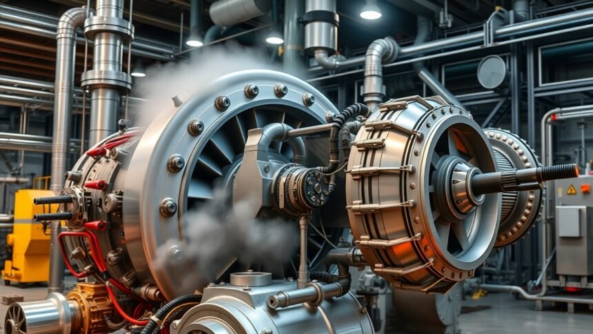 Gőzturbina részletek egy modern energiatermelő létesítményben.