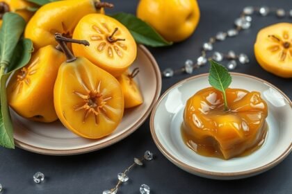 Birsalmasajt: büsztő birsalmák és birsalmasajt egy tányéron