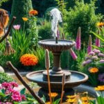 Napelemes szökőkutak a színes virágok között a kertben.