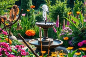 Napelemes szökőkutak a színes virágok között a kertben.