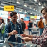 Nő fülhallgatóval webshop vásárlását segíti elektronikus boltban.