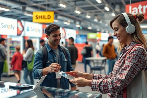 Nő fülhallgatóval webshop vásárlását segíti elektronikus boltban.