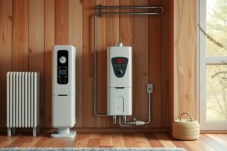 Modern fűtési rendszer puffertartállyal otthoni használatra.