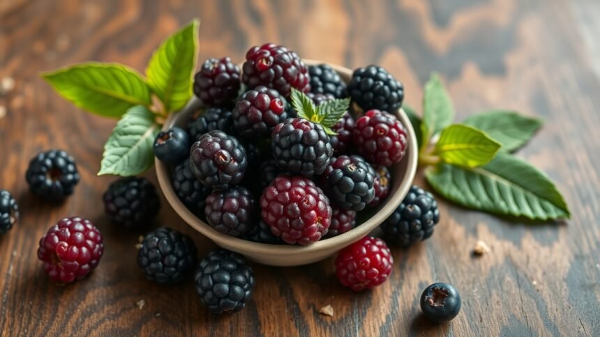 Friss szeder gyümölcs egy tálban, zöld levelekkel.