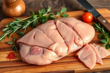 Frissen vágott csirkemáj fűszerek és zöldségek mellett