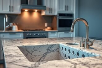 Modern gránit mosogató konyhában, világító fénnyel.