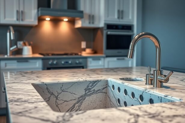 Modern gránit mosogató konyhában, világító fénnyel.