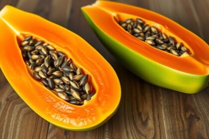 Friss papaya két fele, látható magokkal az érett bélben.