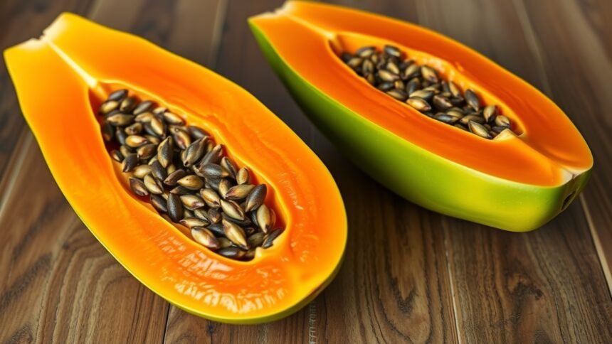 Friss papaya két fele, látható magokkal az érett bélben.