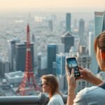 Nő mobiltelefonnal a város fölött, 5G technológia kapcsolatokkal.