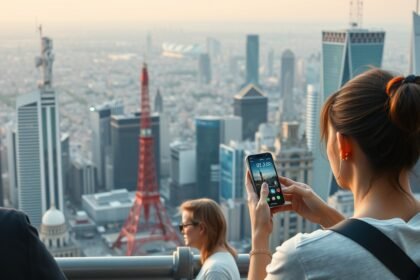 Nő mobiltelefonnal a város fölött, 5G technológia kapcsolatokkal.