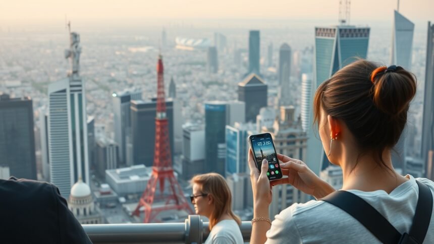 Nő mobiltelefonnal a város fölött, 5G technológia kapcsolatokkal.