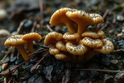 Olajgomba a földön, élénk színnel és részletes textúrával.