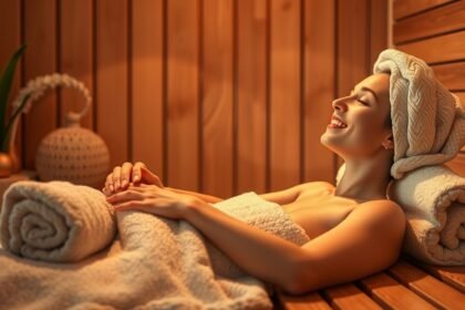 Nő a szaunában, aki relaxál és élvezi a melegterápiát.