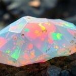 Színpompás Andok opál különböző színekben egy köves talajon.