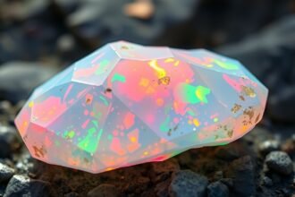 Színpompás Andok opál különböző színekben egy köves talajon.