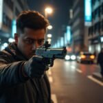 Gázpisztoly használata önvédelemre az éjszakai városi környezetben.