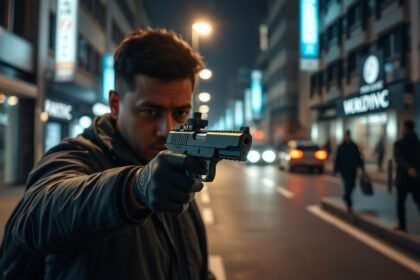 Gázpisztoly használata önvédelemre az éjszakai városi környezetben.