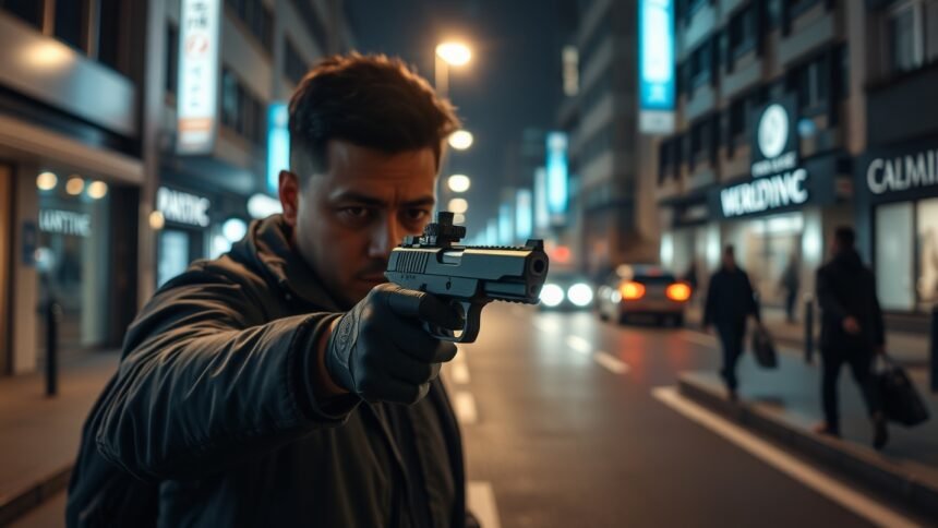 Gázpisztoly használata önvédelemre az éjszakai városi környezetben.