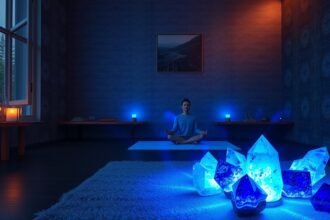 Meditáló nő lapis lazuli kristályok között egy szobában