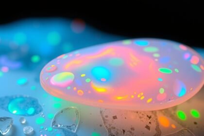 Szintetikus opál vízcseppekkel és élénk színjátékban.