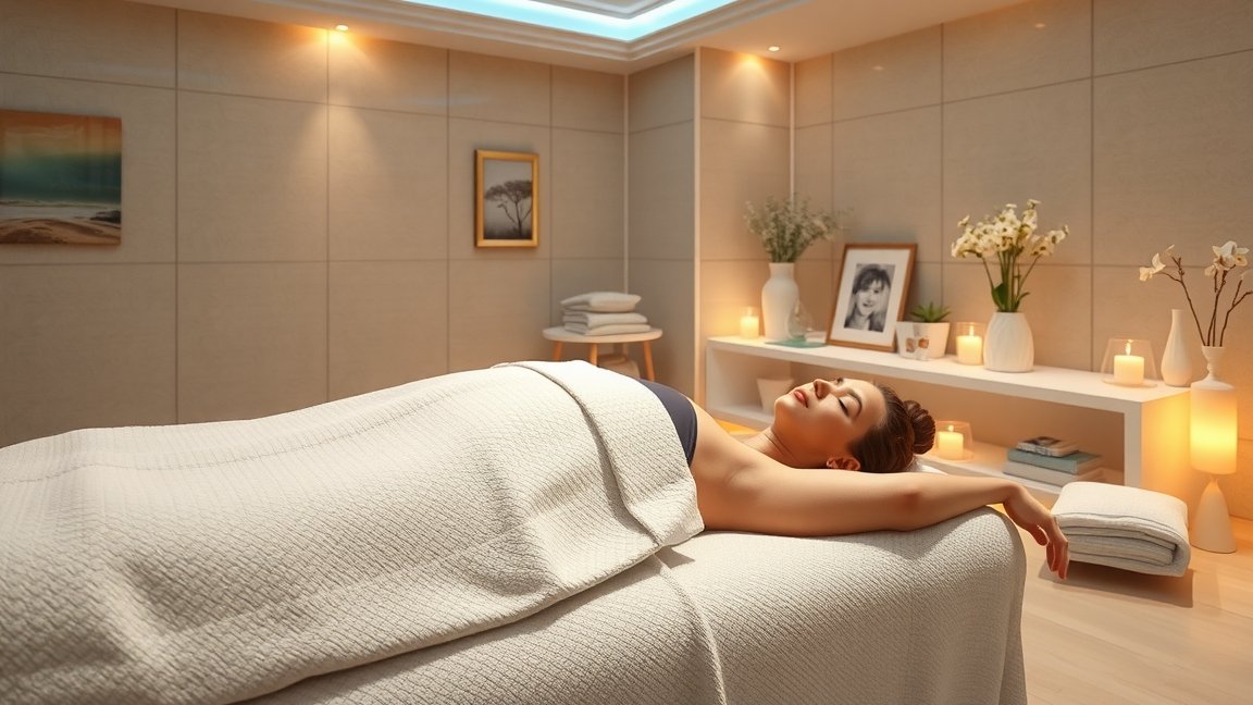 Nő relaxál a gépi nyirokmasszázs alatt egy wellness központban.