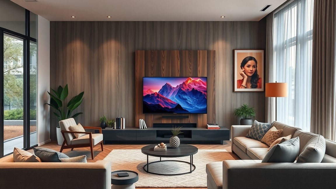 Modern nappali Hisense 85U8Q televízióval, gyönyörű panorámaképpel.