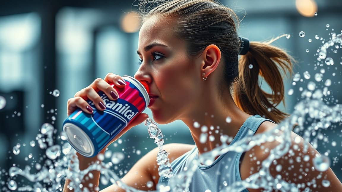 Egy nő izotóniás italt fogyaszt edzés közben, vízpermettel körülvéve