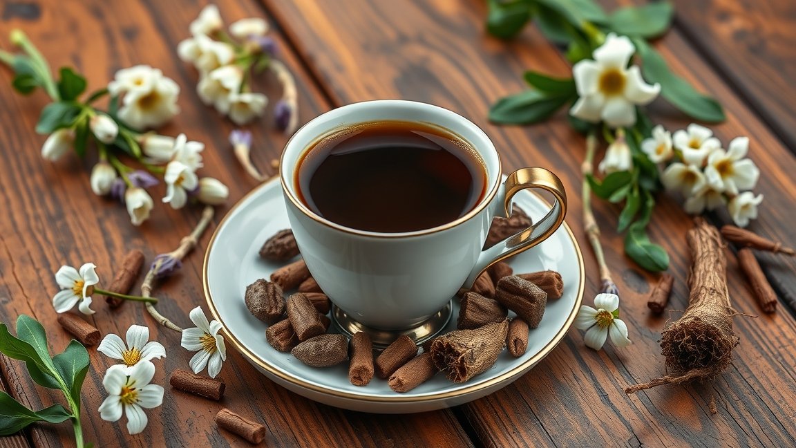 Katáng kávé csészében, virágokkal és gyökerekkel díszítve