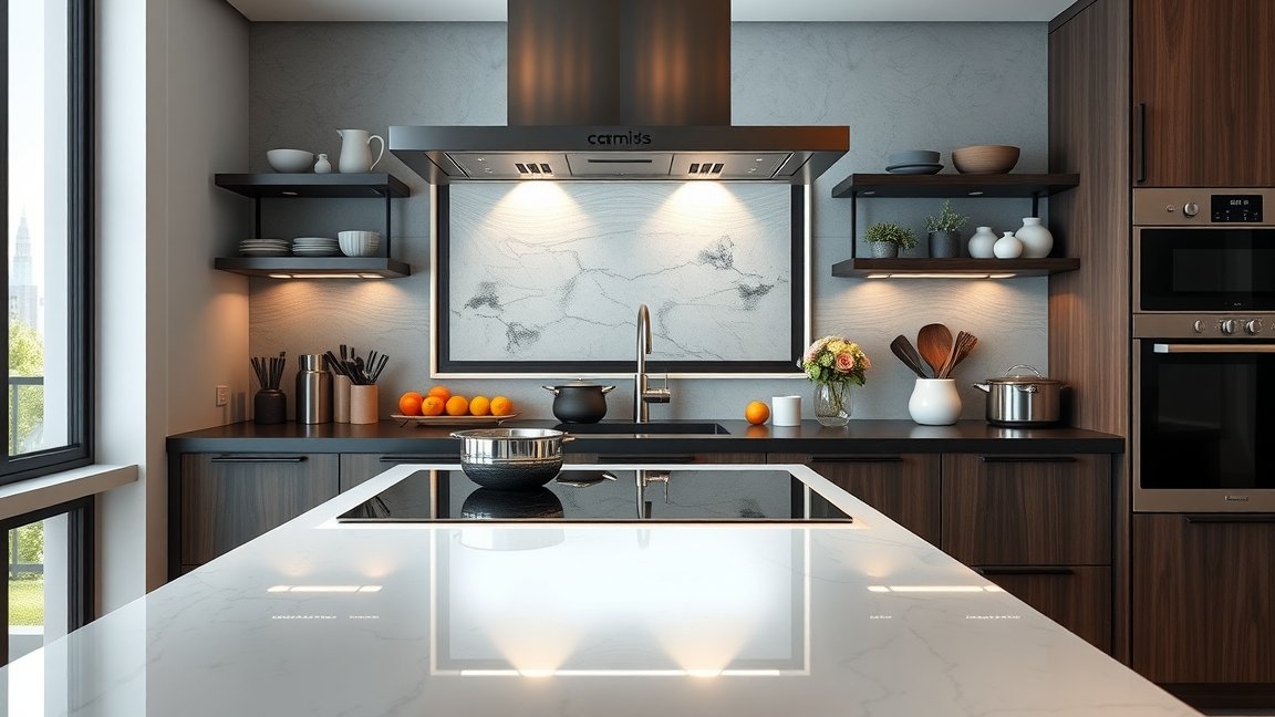 Modern kerámialapos tűzhely konyhában, elegáns dizájn és funkciók.