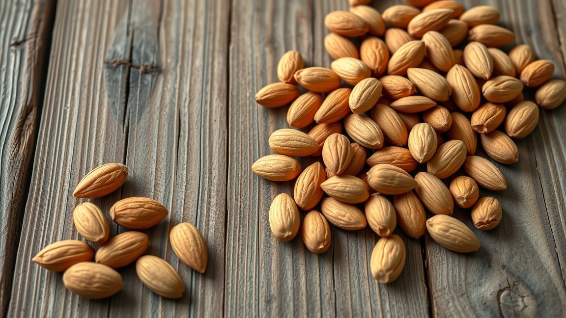 Szórt mandula héjban fából készült asztalon.